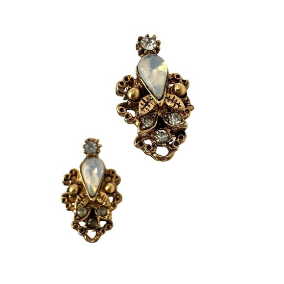 Unique Vintage Jewelry - Edwardian Style Gold Tone Post Earrings Clear CrystalsTeardrop Accent Vintage 1"